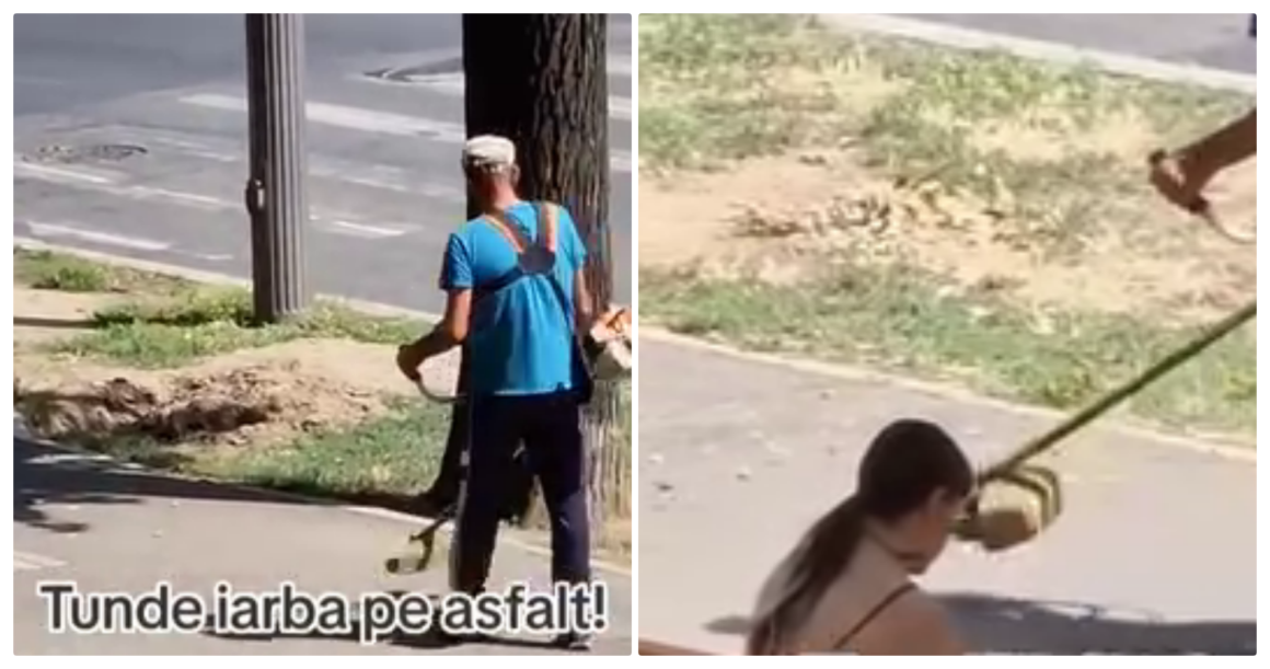 Numai în România se poate! Tunde iarba pe asfalt – VIDEO